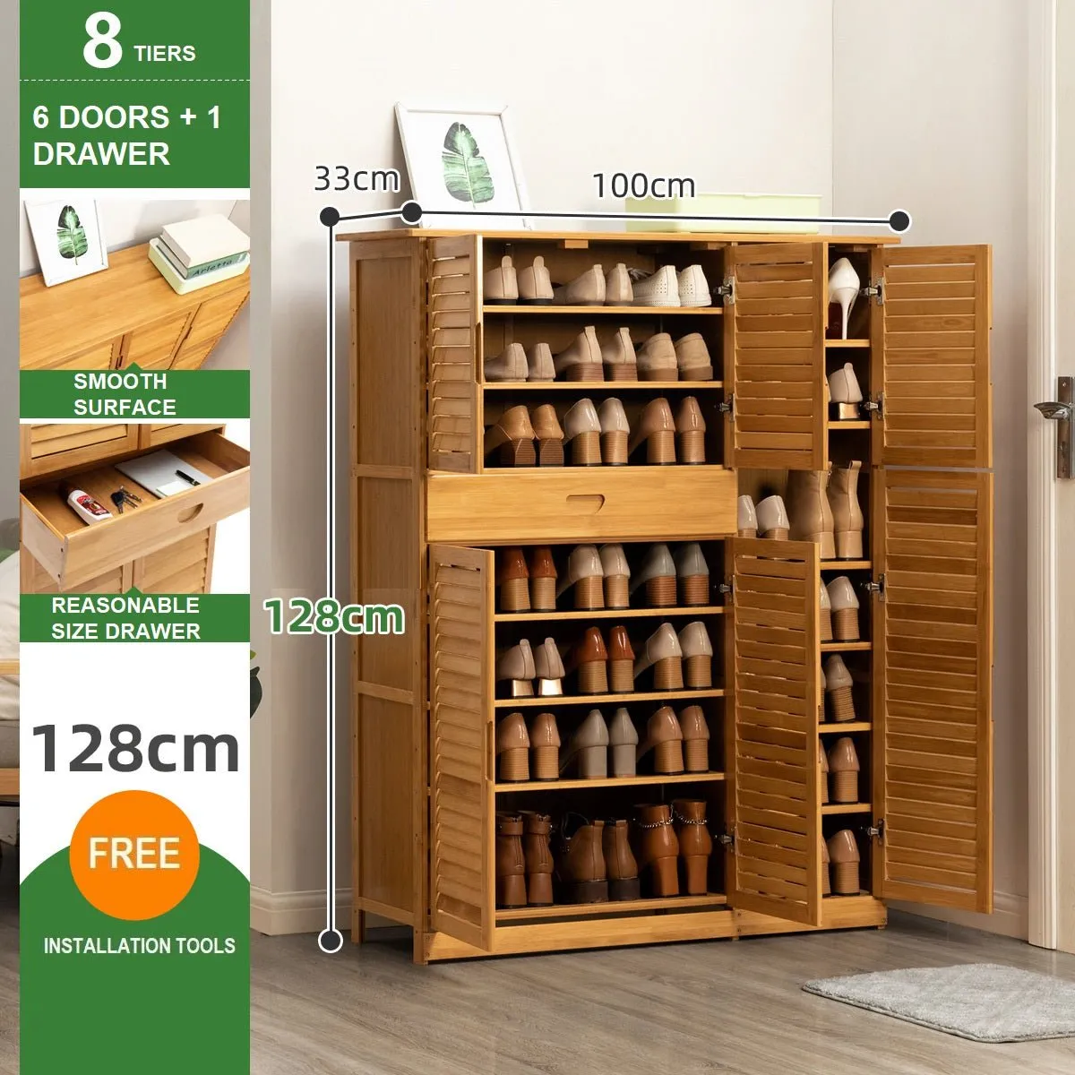 NNEDSZ 10 Tier Bamboo Large Capacity Storage Shelf Shoe Rack Cabinet 6 Doors 1 Drawer