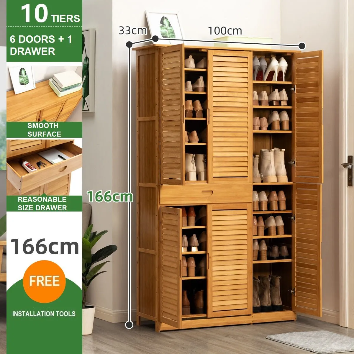 NNEDSZ 10 Tier Bamboo Large Capacity Storage Shelf Shoe Rack Cabinet 6 Doors 1 Drawer