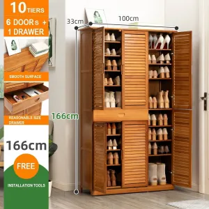 NNEDSZ 10 Tier Bamboo Large Capacity Storage Shelf Shoe Rack Cabinet 6 Doors 1 Drawer