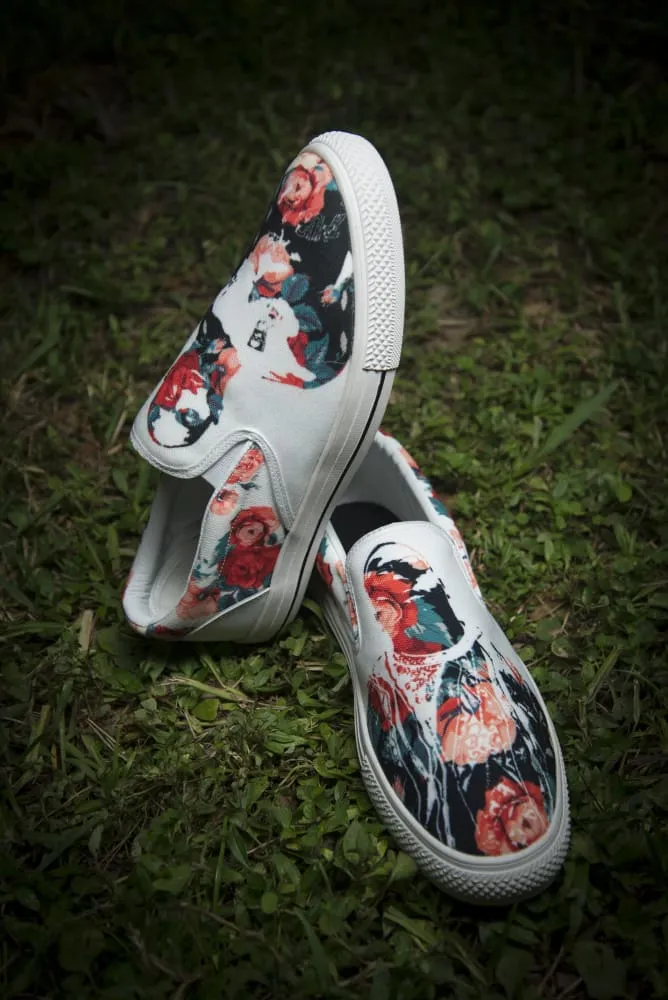 Tupac Biggie Floral Print Canvas Ladies Slip On Low-Top