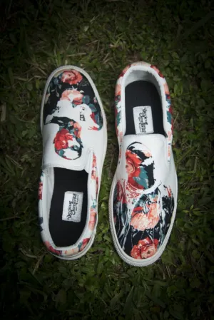 Tupac Biggie Floral Print Canvas Ladies Slip On Low-Top