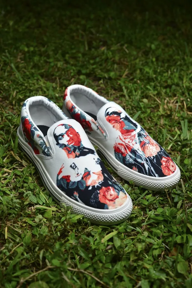 Tupac Biggie Floral Print Canvas Ladies Slip On Low-Top