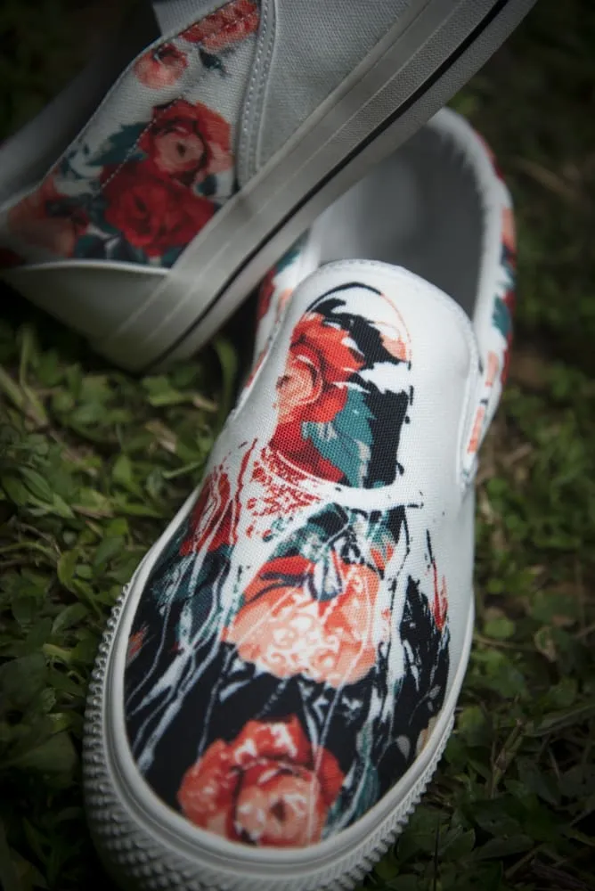 Tupac Biggie Floral Print Canvas Ladies Slip On Low-Top