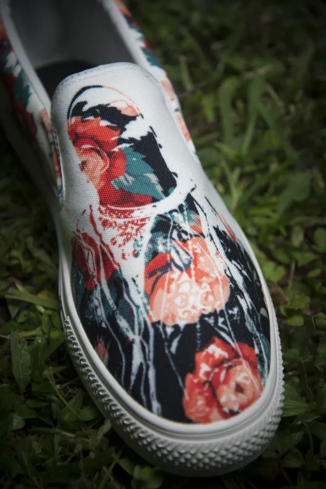 Tupac Biggie Floral Print Canvas Men's Slip On Low-Top