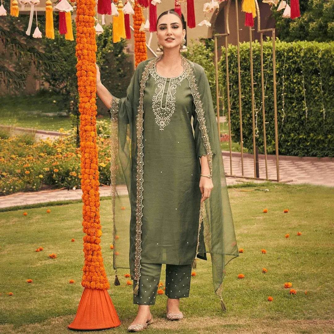 Uditi green silk suit set