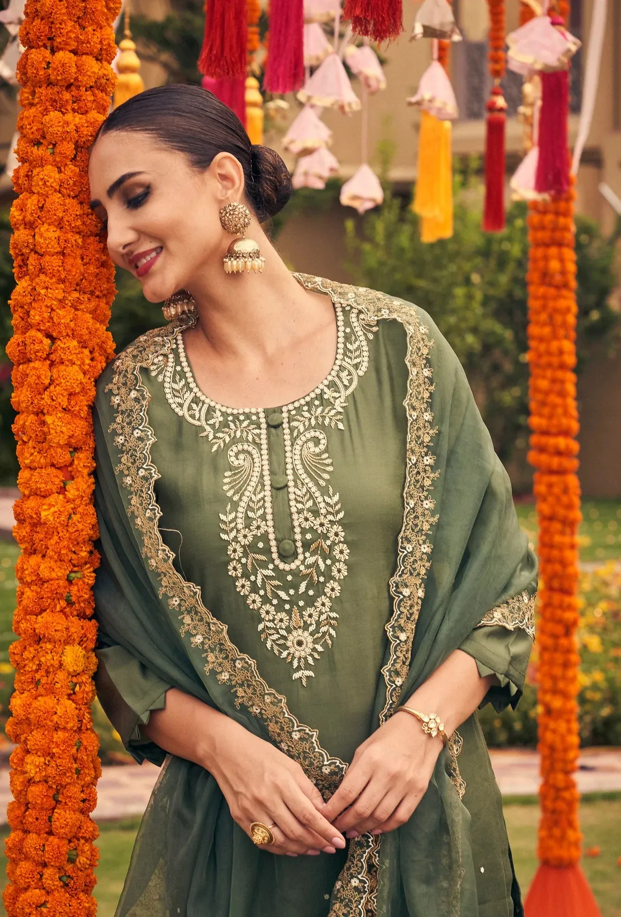 Uditi green silk suit set
