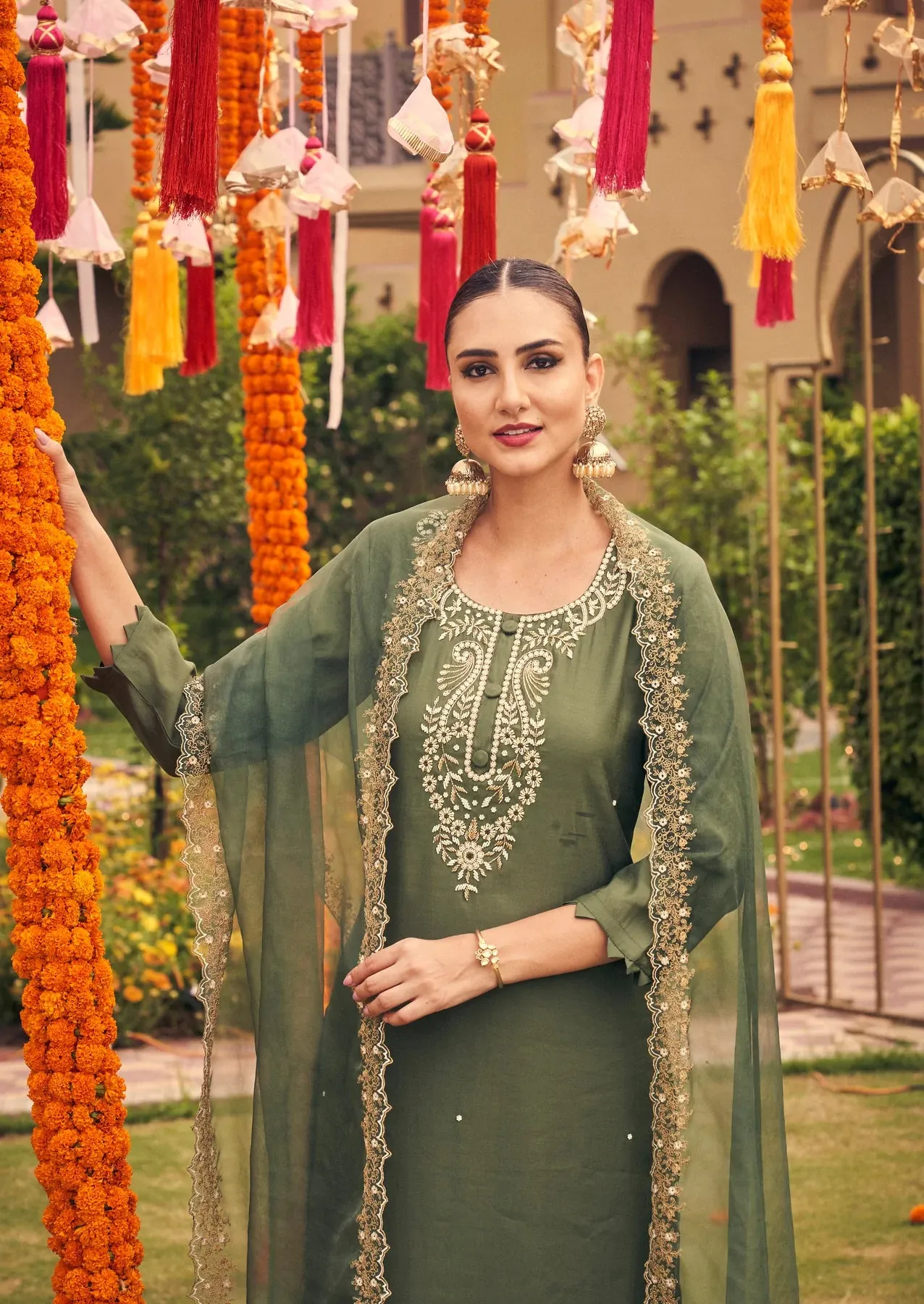 Uditi green silk suit set